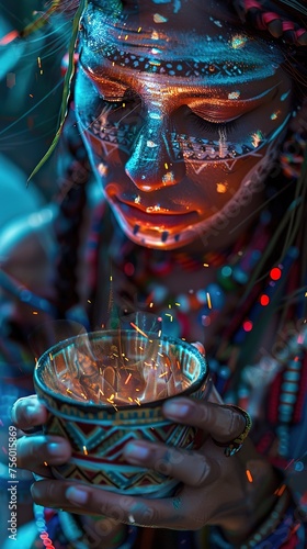 Beautiful face of Indian shaman woman drinking ayahuasca infusion. Ancestral ceremony of spiritual connection. Concept of spirituality.