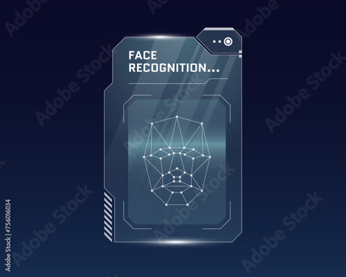 HUD face recognition biometric ID scan panel design. User facial verification scanner. Person identify security digital dashboard. Human identification scan unlock and authorization interface concept