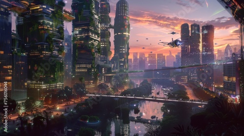A futuristic city at dusk blends tech and nature. Bio-luminescent skyscrapers with vertical gardens, hovering vehicles, and a serene river reflect a harmonious world