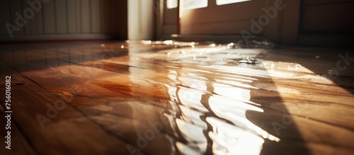 The sunlight is streaming through the window, casting a warm glow on the flooded hardwood floor of the brown building photo