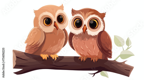 Two Cute Owls is sitting on a wood branch