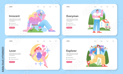 Personality Archetypes set. Four distinct characters: Innocent, Sage, Lover, Explorer, their traits and settings. Whimsical and insightful vector illustrations.