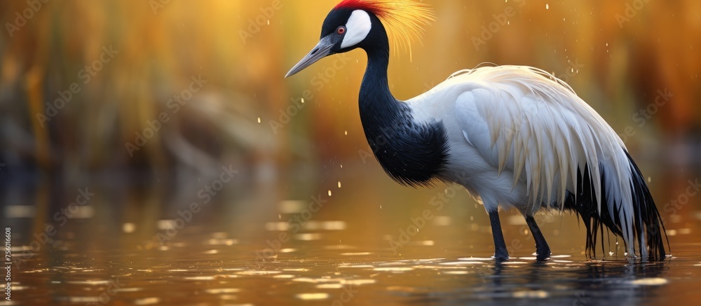 Fototapeta premium A water bird with a red head is gracefully standing in the liquid among the natural landscape, with its elegant feathers and long beak