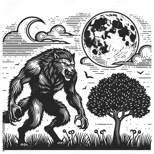 majestic werewolf sketch engraving generative ai vector illustration. Scratch board imitation. Black and white image.