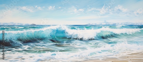 An artistic depiction of the fluid motion of water as waves crash on a sandy beach, with the sky and clouds adding to the natural landscape