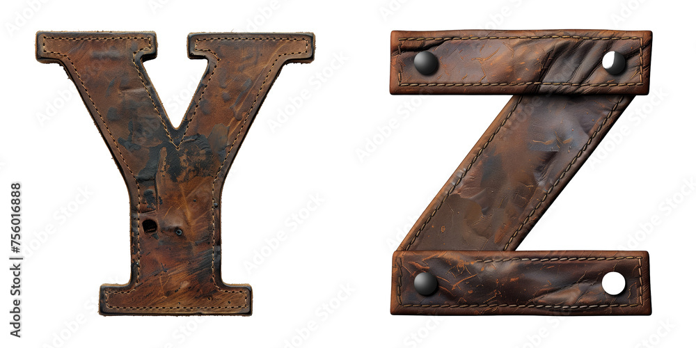 Letters Y Z Made of Brown Leather Isolated on Transparent or White Background, PNG Letters Y Z Made of Brown Leather Isolated on Transparent or White Background, PNG