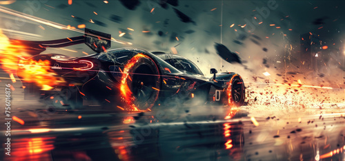 Cinematic view of sports car driving with fire on track, luxury burning vehicle runs fast on dark background. Concept of crash, race, smoke, speed, accident, wreck