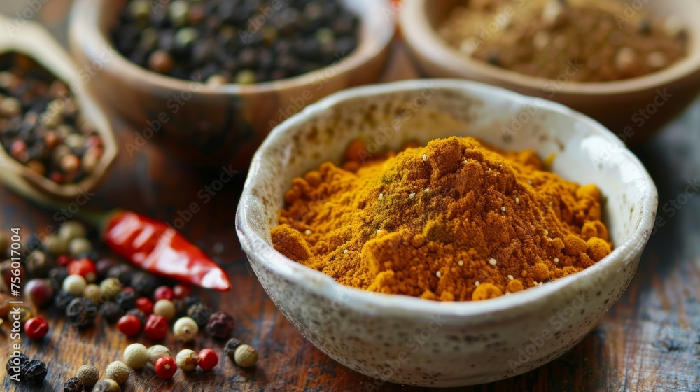 A blend of spices, including turmeric, cumin, coriander and pepper generative ai A blend of spices, including turmeric, cumin, coriander and pepper generative ai