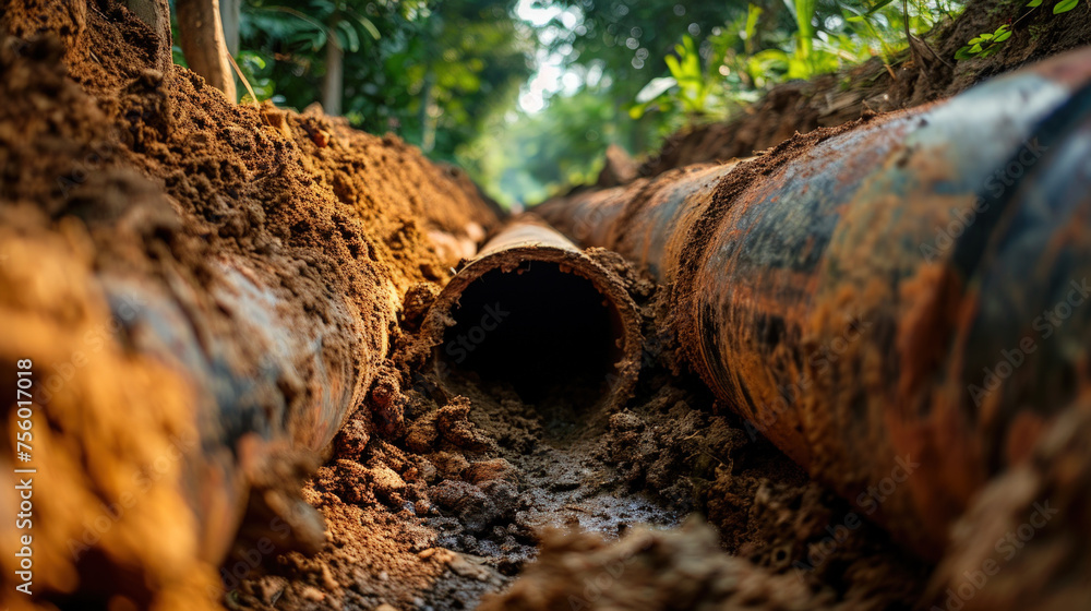 Metal pipe in trench, pipeline construction in ground, old underground water line and dirt. Concept of technology, oil, gas, work, dig - obrazy, fototapety, plakaty 
