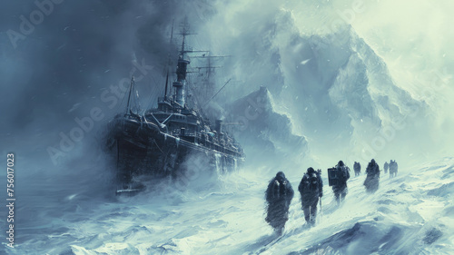 Polar expedition during storm in past, scenery of frozen ship in ice, snow and walking people. Concept of arctic exploration, frost, history, winter and science photo