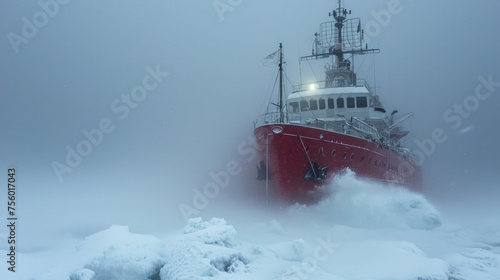 Polar expedition during storm in mist, frozen ship icebreaker sails in ice on snow background. Concept of arctic exploration, frost, blizzard, winter