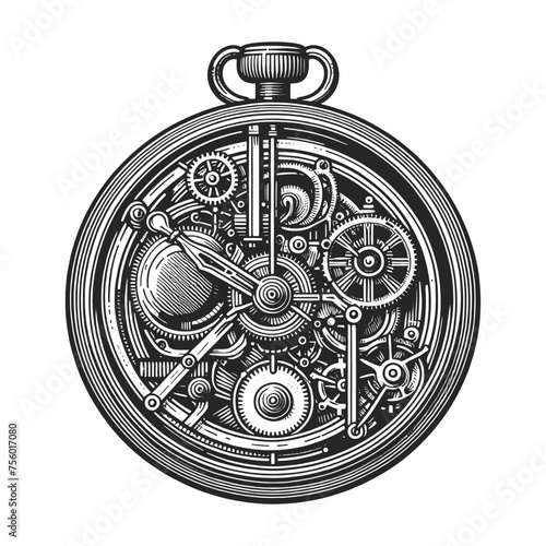Open-faced pocket watch revealing its intricate internal mechanism in a vintage engraving style sketch generative ai vector illustration. Scratch board imitation. Black and white image.