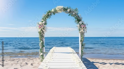 Beautiful beach wedding decor with white decorated chairs and reception stage.jpeg