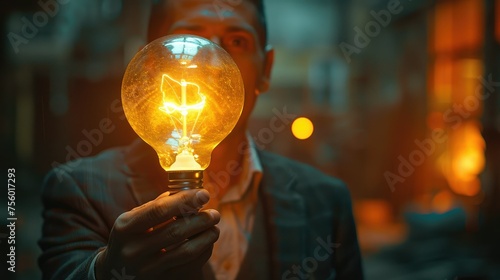 A bulb in hand of businessman,creative concept. Generative ai.jpeg photo