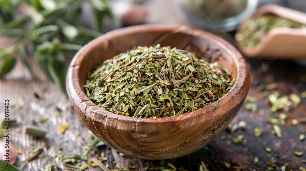 Dried herb that provides a robust and slightly bitter flavor, commonly used in Italian and Mediterranean cuisine. generative ai