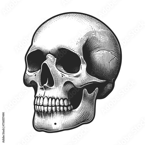 human skull front view detailed bone structure sketch engraving generative ai fictional character vector illustration. Scratch board imitation. Black and white image.