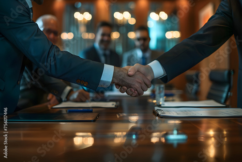 a business negotiation or deal-making session, with executives shaking hands and signing contracts in a corporate boardroom