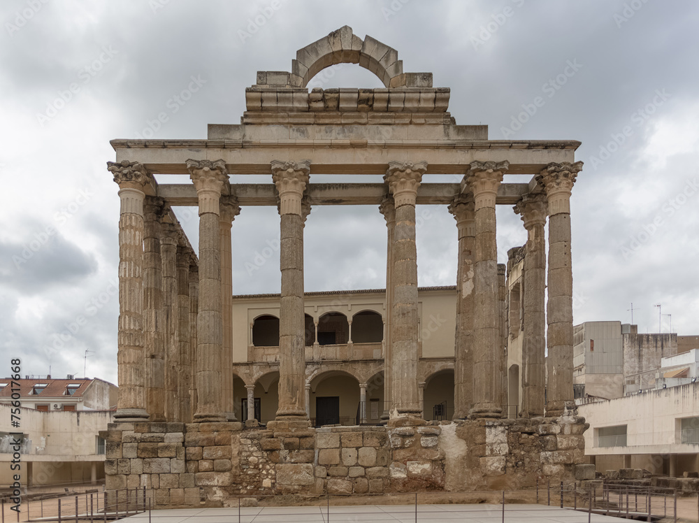 Front view at the roman ruin historical landmark, monument Temple of Diana, an iconic ruin building located on Mérida downtown, Spain