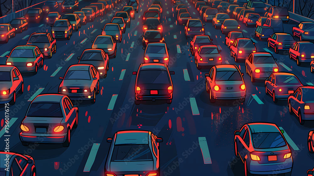 Fototapeta premium Gridlock grips the motorway as a seemingly endless line of cars and trucks comes to a standstill
