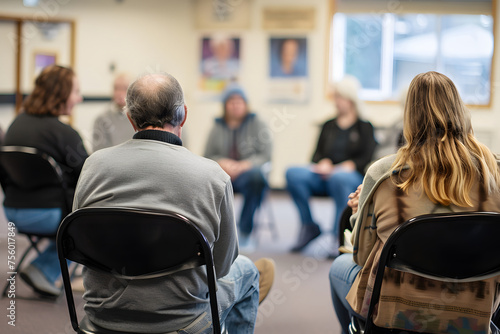 a chronic pain support group meeting, with individuals sharing stories, coping strategies, and emotional support in a safe and understanding environment