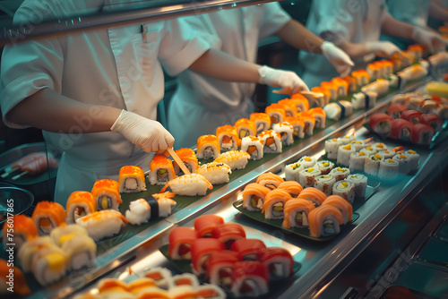 a sushi fusion restaurant, with chefs blending Japanese and Western flavors to create innovative sushi rolls and fusion dishes with a modern twist photo