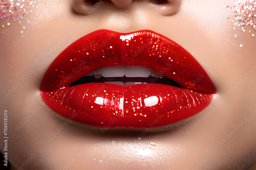 Fototapeta premium Red lipgloss texture with metalic glitter