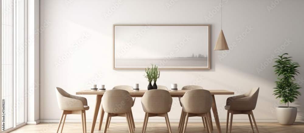 Modern interior background with a mockup poster frame in a Scandinavian style dining room. Modern interior background with a mockup poster frame in a Scandinavian style dining room.