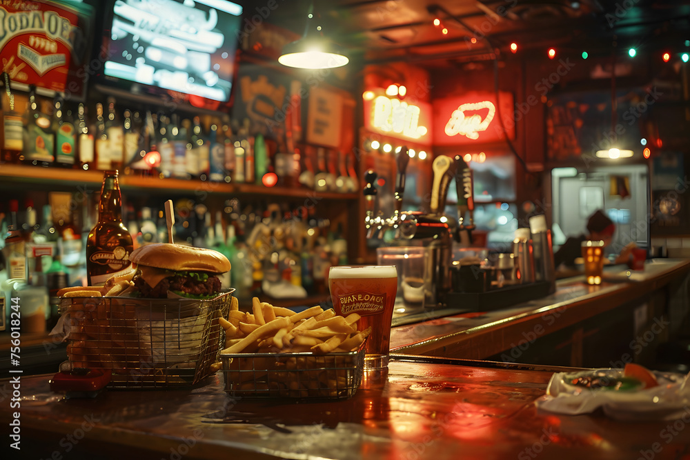 the casual charm of a dive bar, with bartenders serving up cold beers and shots of whiskey alongside baskets of crispy fries and greasy burgers