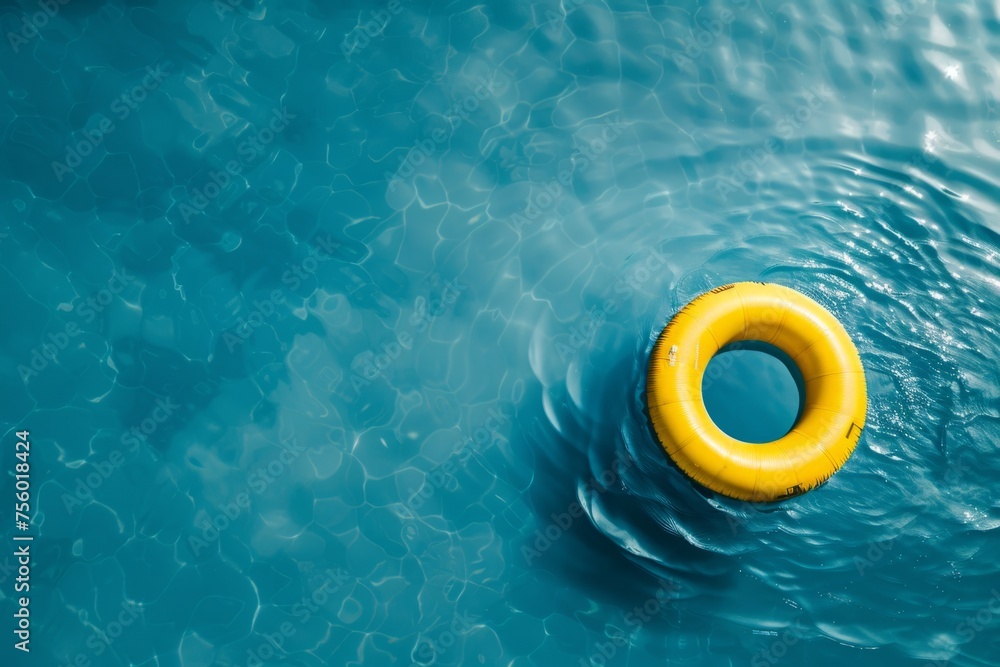 Yellow inflatable ring floating on blue water in swimming pool, top view Generative AI