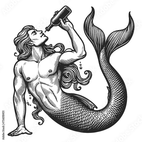 merman tilting his head back to drink from bottle, with detailed tail and flowing hair. Alcohol bottle sketch engraving generative ai fictional character vector illustration. Scratch board imitation.