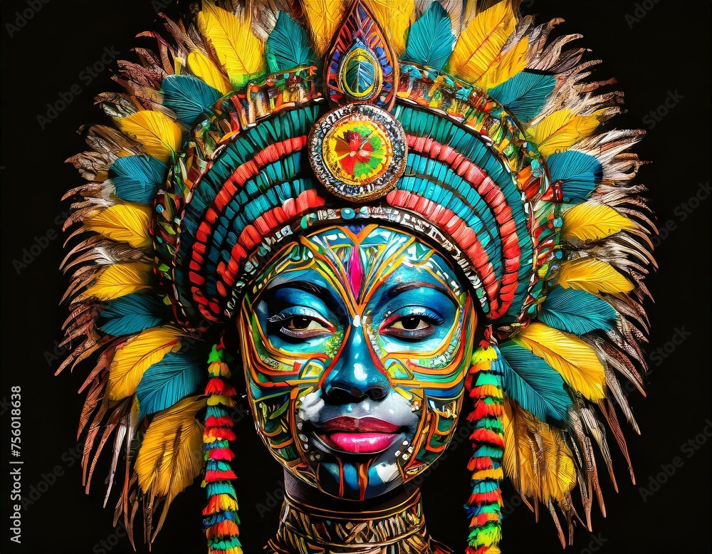 Tattoo of a human face wearing a massive aztec headdress. - obrazy, fototapety, plakaty 