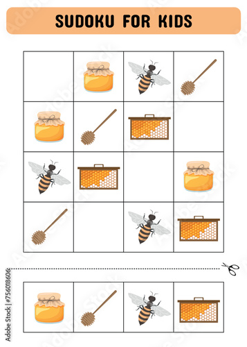 Sudoku for kids with bee. Games for children. Printable pages for preschoolers
