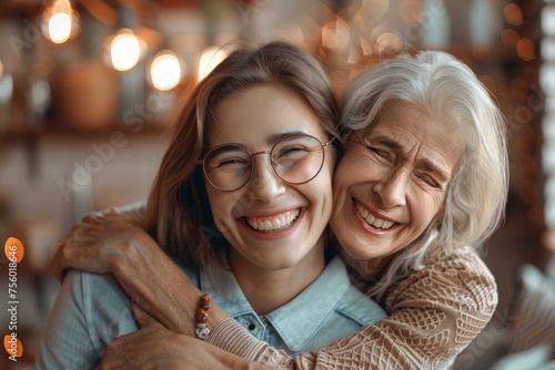 Beautiful aged woman in glasses embracing young adult lady and laughing, smiling attractive senior older mother happy to hug grown-up daughter, warm sincere family bonding having fun together
