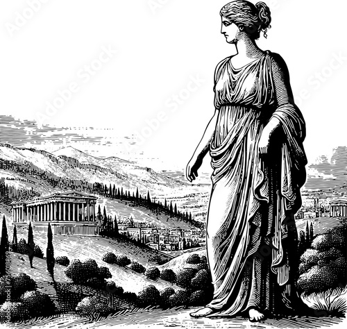 Woman Standing In Front Of Ancient Greek Scenery
