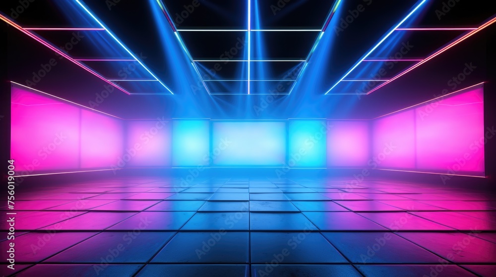 Electrifying stage: mesmerizing scenes LED panels, holographic displays, laser lights, ample copy space, dynamic banners, creating visual symphony for immersive events and cutting-edge presentations.