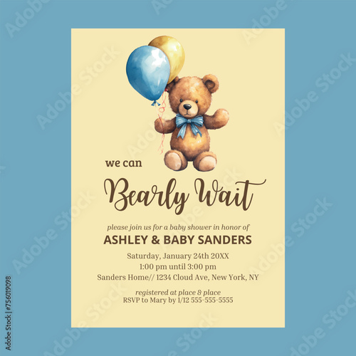 Teddy Bear Ballon Baby Shower Invitation