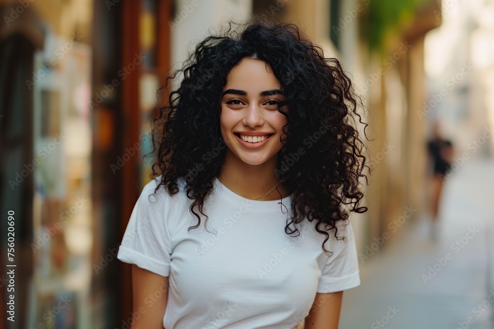 beautiful young woman posing happy in a white t-shirt