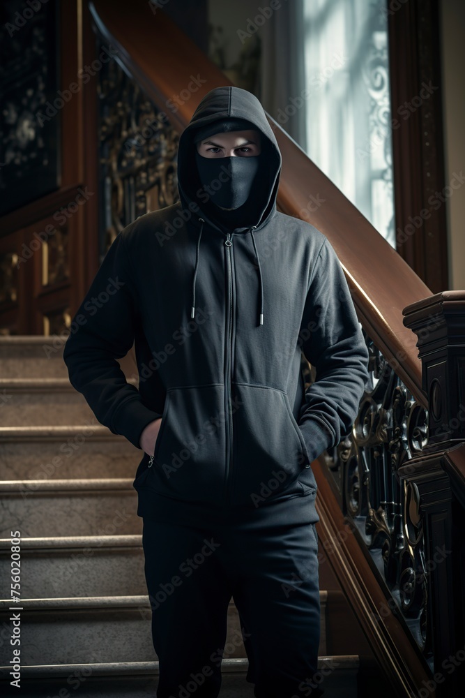hooded criminal bypassing the alarm system of a house to rob hooded criminal bypassing the alarm system of a house to rob
