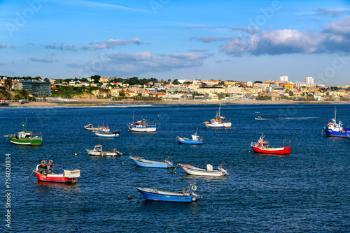 Obraz na płótnie Small boats on sunny day near coastline and seaside town, Cascais w salonie