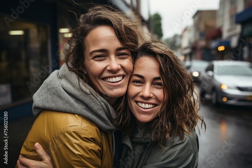 friends hugging happily in front of the camera