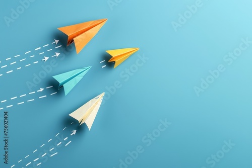 Business decision making and the way to success. Choosing a strategic path to move forward. Alternative options and business solutions. Paper plane with arrows pointing different directions photo