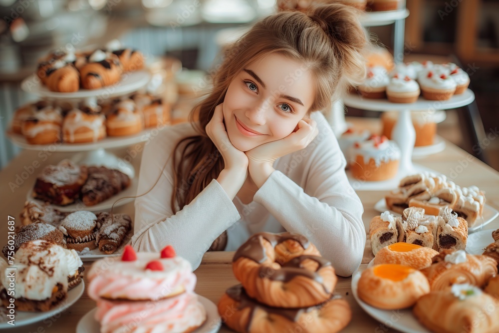 satisfied woman in front of a table full of plates of sweets