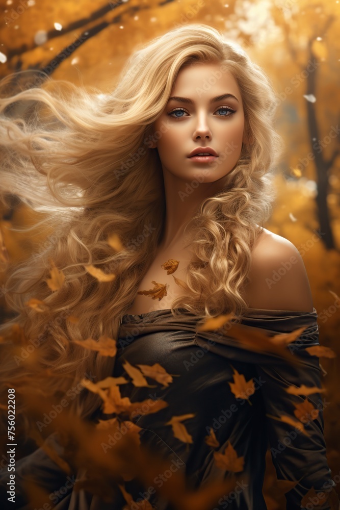 beautiful blonde model posing in an autumn landscape