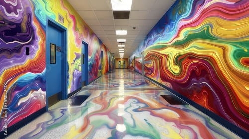 Surreal School Hallways with Colorful Abstract Wall Murals