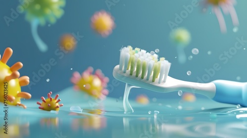 A minimalist 3D scene featuring a charming toothbrush heroically escaping a swarm of cartoon germs photo