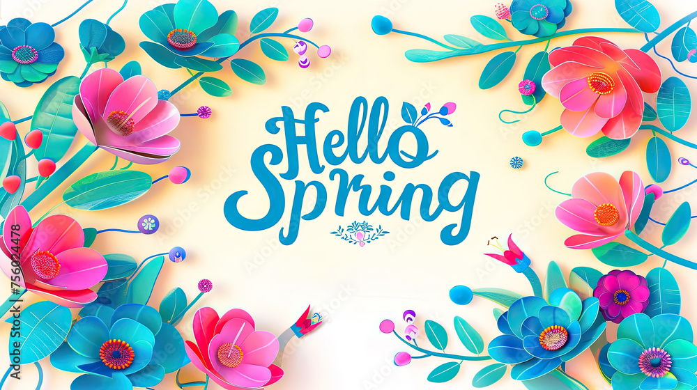 Spring joyful colorful themed greeting card "Hello Spring" on a light yellow background with floral design, calligraphic inscriptions 7 - obrazy, fototapety, plakaty 