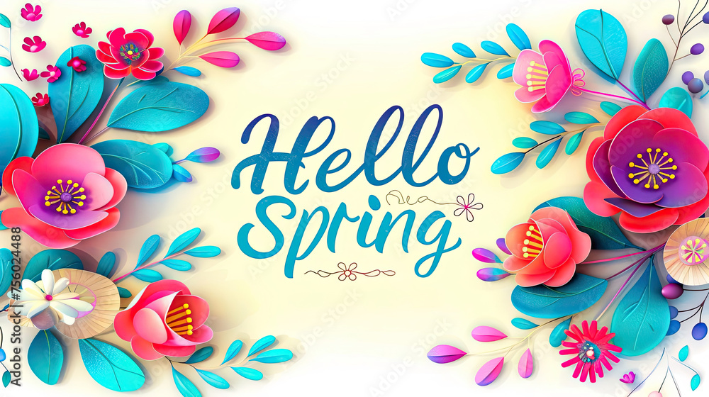 Spring joyful colorful themed greeting card "Hello Spring" on a light yellow background with floral design, calligraphic inscriptions 5 - obrazy, fototapety, plakaty 