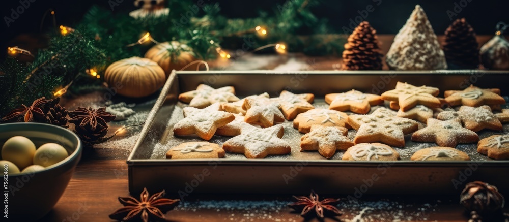 A tray of homemade gingerbread cookies sits on a rustic wooden table, showcasing the delicious results of baking with this classic holiday ingredient