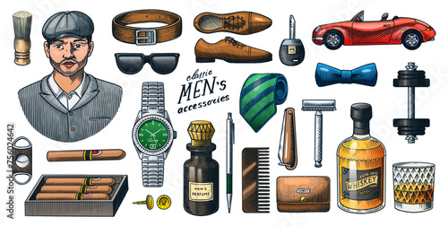 Gentleman accessories set. Hipster or businessman, victorian era, car. Engraved hand drawn vintage. Brogues, briefcase, shirt and cigar. Cylinder hat, smoking pipe.