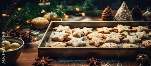 A tray of homemade gingerbread cookies sits on a rustic wooden table, showcasing the delicious results of baking with this classic holiday ingredient